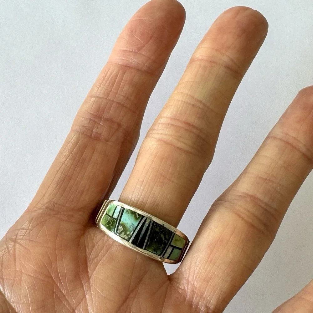 Navajo Inlay Sonoran Turquoise Opal‎ Wedding Band Sz 11 9mm Ring Mens Tolino